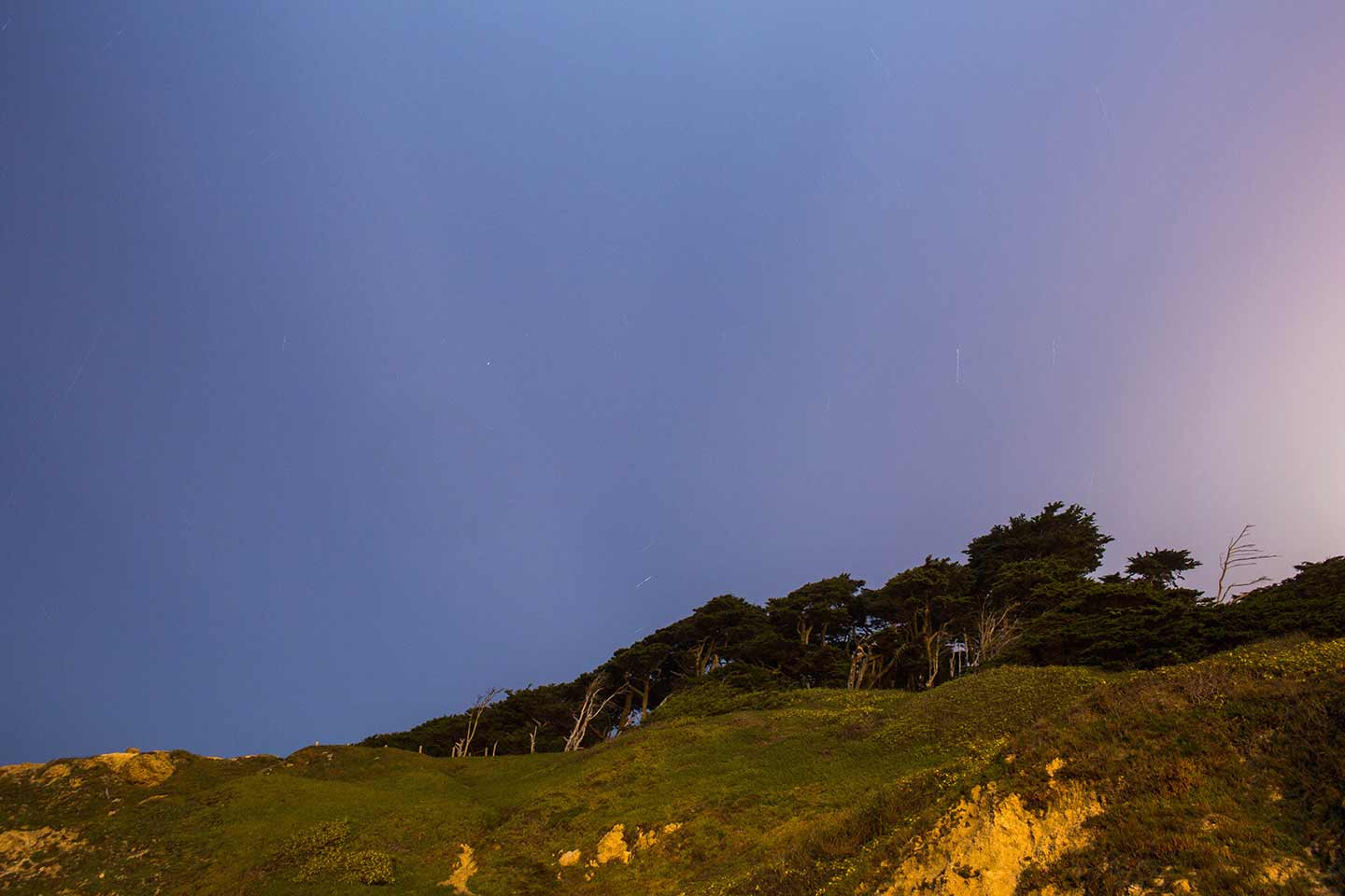 Photo of a dusk skyline above a grassy rockface covered in trees.